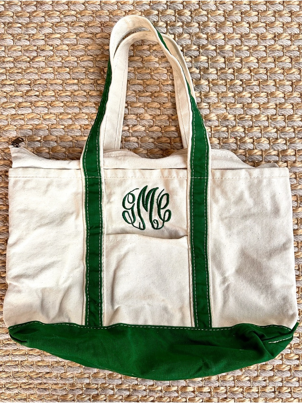CB Station Monogram Canvas Tote Bag Green Natural Zip Top Preppy Boat Tote